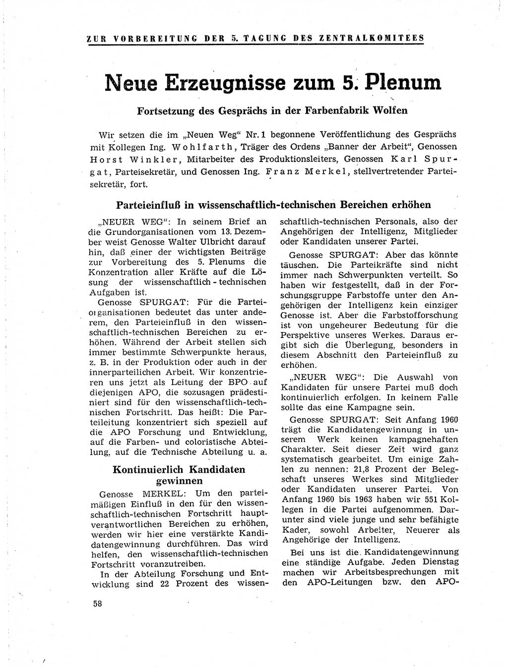 Neuer Weg (NW), Organ des Zentralkomitees (ZK) der SED (Sozialistische Einheitspartei Deutschlands) für Fragen des Parteilebens, 19. Jahrgang [Deutsche Demokratische Republik (DDR)] 1964, Seite 58 (NW ZK SED DDR 1964, S. 58)
