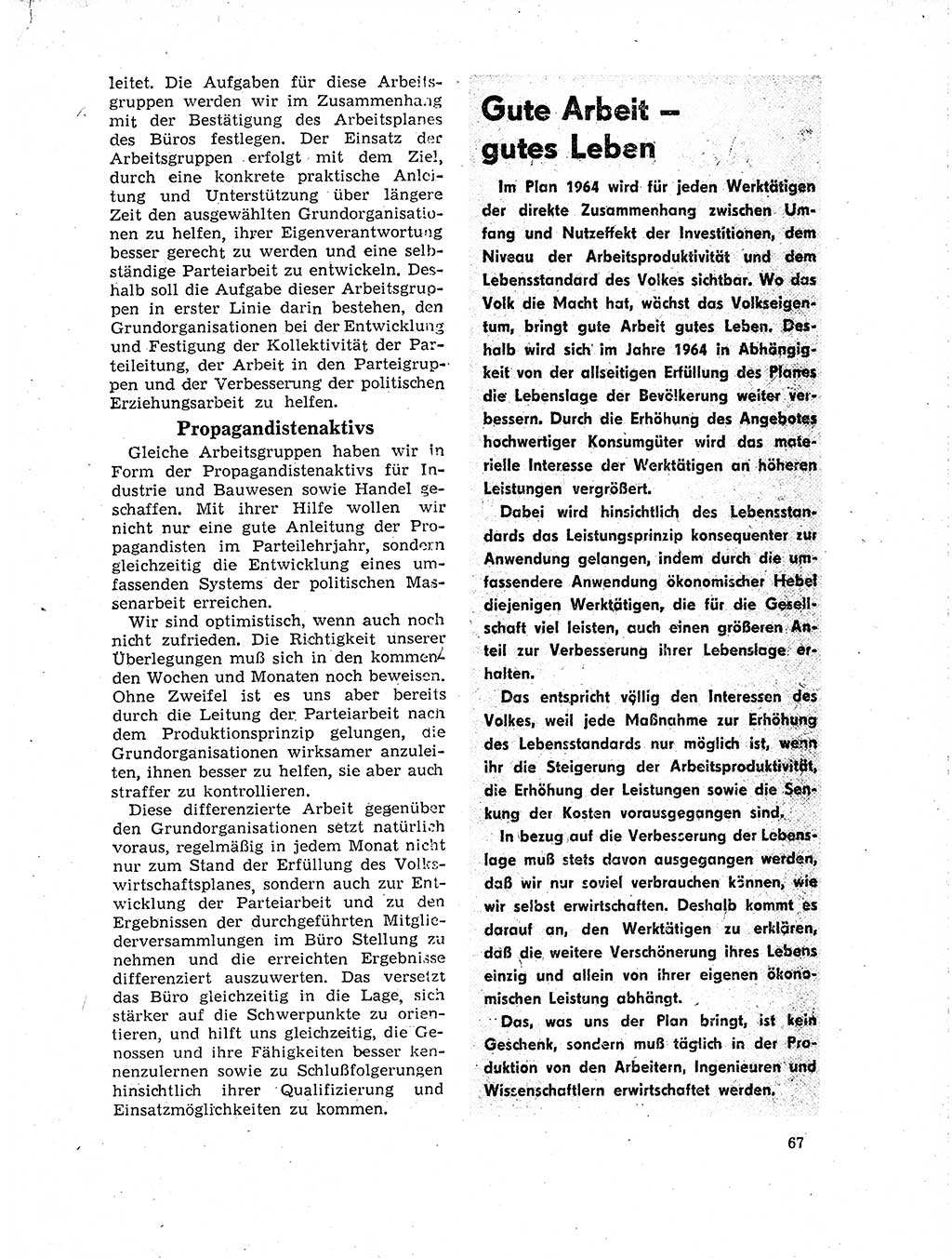 Neuer Weg (NW), Organ des Zentralkomitees (ZK) der SED (Sozialistische Einheitspartei Deutschlands) für Fragen des Parteilebens, 19. Jahrgang [Deutsche Demokratische Republik (DDR)] 1964, Seite 67 (NW ZK SED DDR 1964, S. 67)