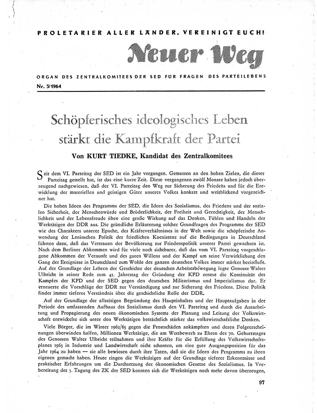 Neuer Weg (NW), Organ des Zentralkomitees (ZK) der SED (Sozialistische Einheitspartei Deutschlands) für Fragen des Parteilebens, 19. Jahrgang [Deutsche Demokratische Republik (DDR)] 1964, Seite 97 (NW ZK SED DDR 1964, S. 97)