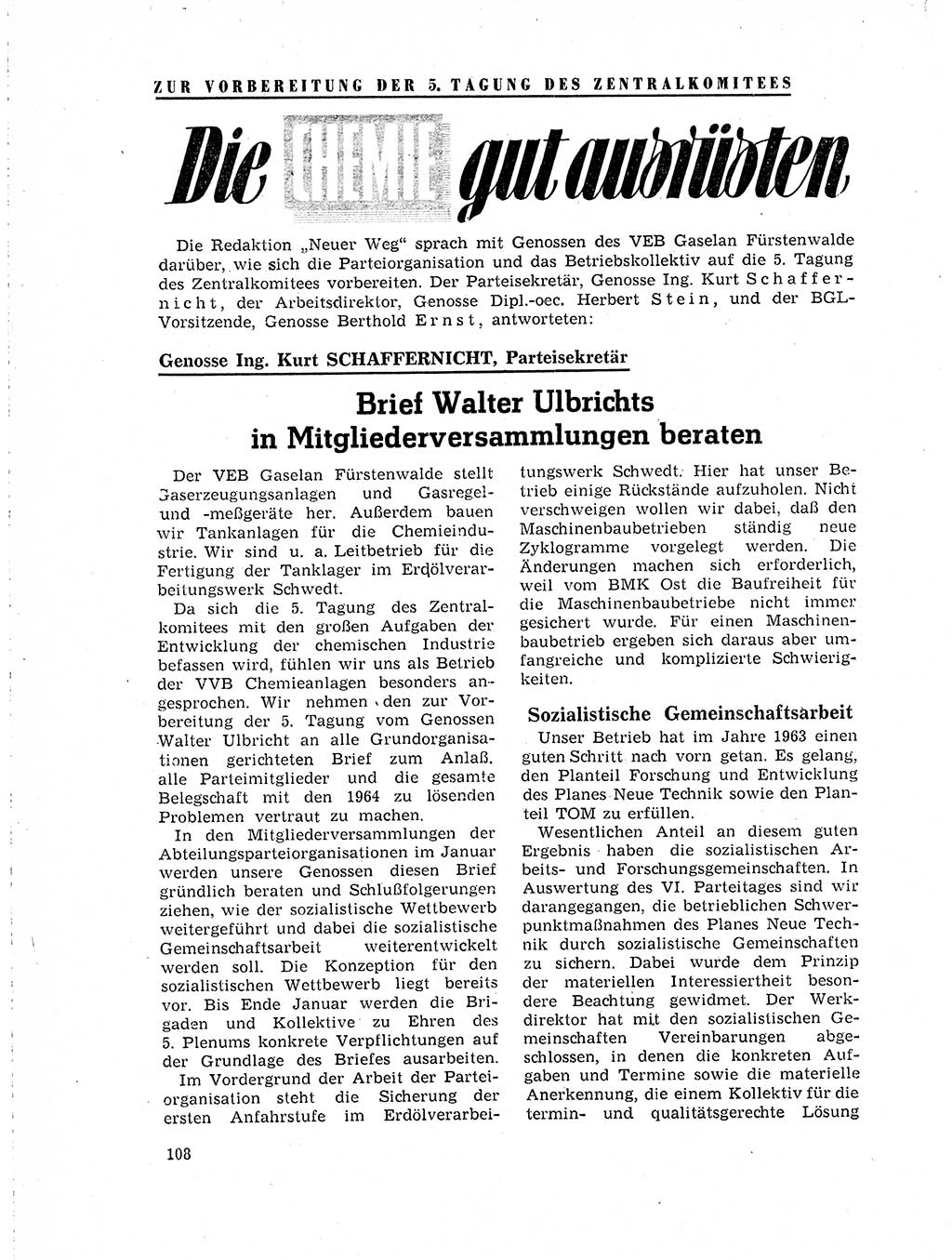 Neuer Weg (NW), Organ des Zentralkomitees (ZK) der SED (Sozialistische Einheitspartei Deutschlands) für Fragen des Parteilebens, 19. Jahrgang [Deutsche Demokratische Republik (DDR)] 1964, Seite 108 (NW ZK SED DDR 1964, S. 108)