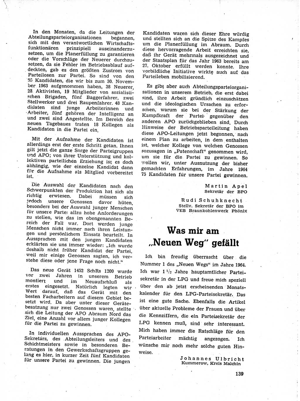 Neuer Weg (NW), Organ des Zentralkomitees (ZK) der SED (Sozialistische Einheitspartei Deutschlands) für Fragen des Parteilebens, 19. Jahrgang [Deutsche Demokratische Republik (DDR)] 1964, Seite 139 (NW ZK SED DDR 1964, S. 139)