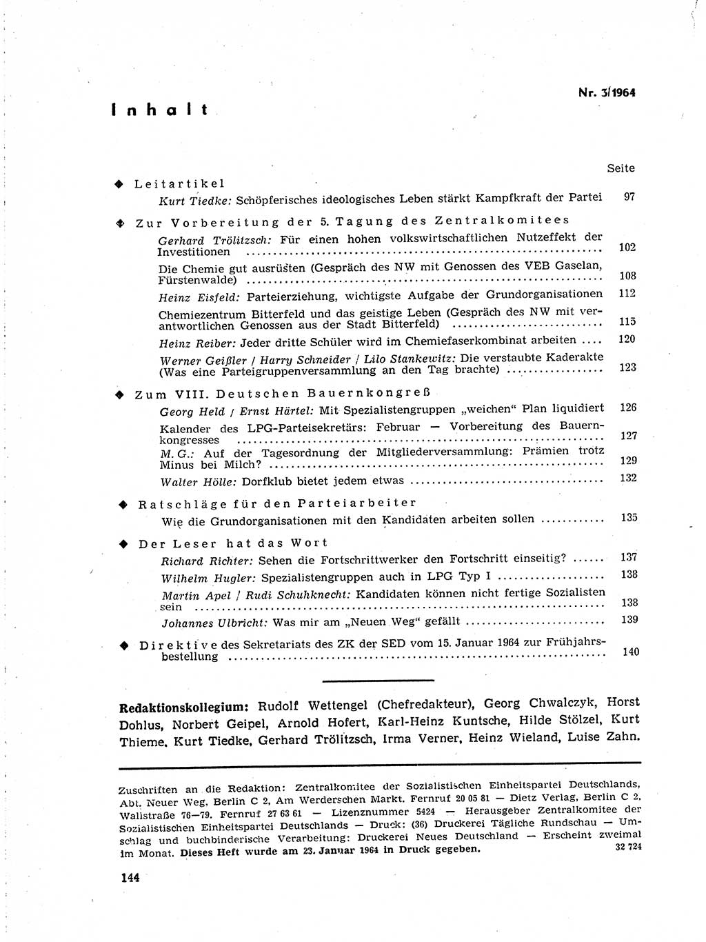 Neuer Weg (NW), Organ des Zentralkomitees (ZK) der SED (Sozialistische Einheitspartei Deutschlands) für Fragen des Parteilebens, 19. Jahrgang [Deutsche Demokratische Republik (DDR)] 1964, Seite 144 (NW ZK SED DDR 1964, S. 144)