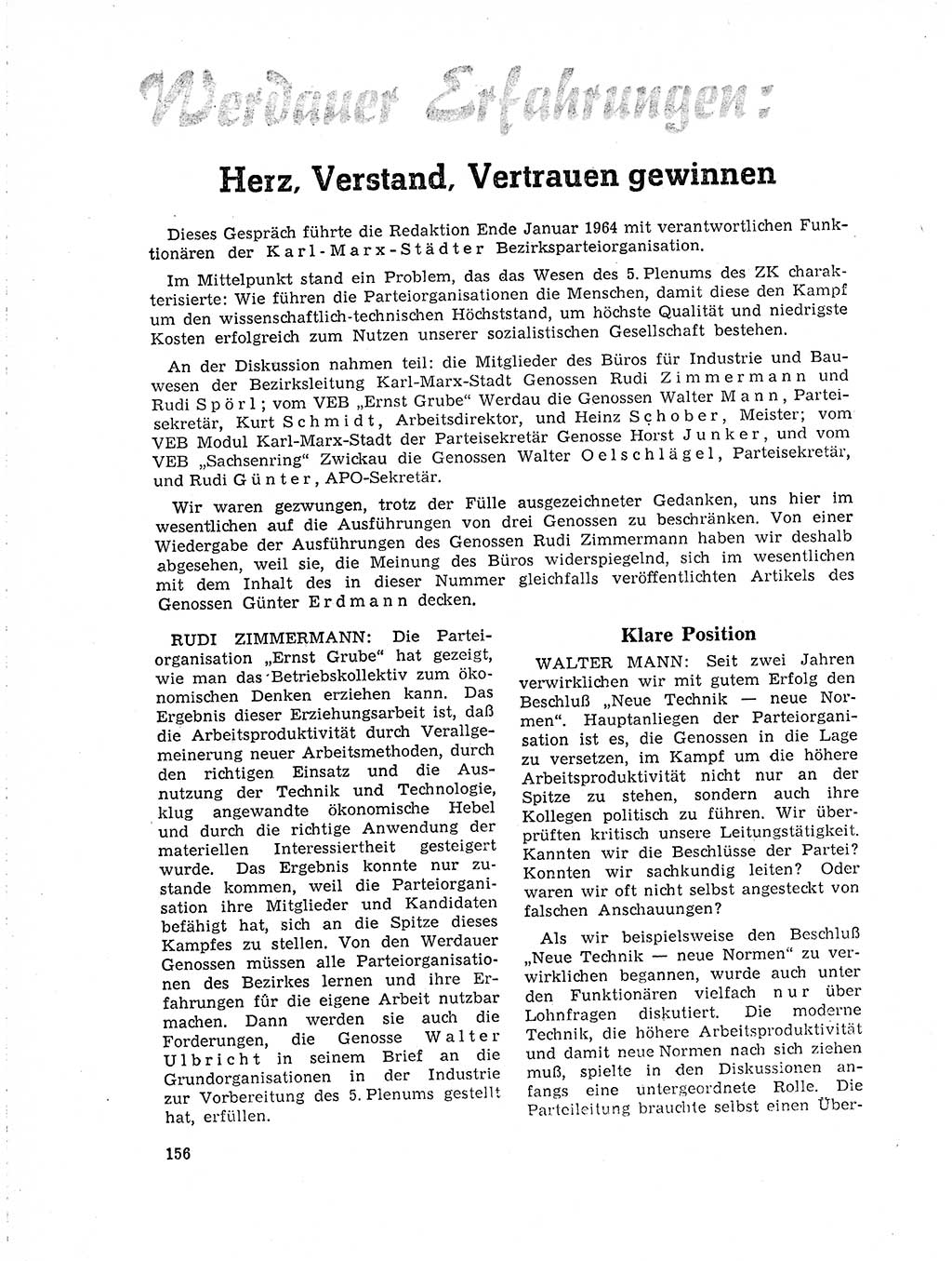 Neuer Weg (NW), Organ des Zentralkomitees (ZK) der SED (Sozialistische Einheitspartei Deutschlands) für Fragen des Parteilebens, 19. Jahrgang [Deutsche Demokratische Republik (DDR)] 1964, Seite 156 (NW ZK SED DDR 1964, S. 156)