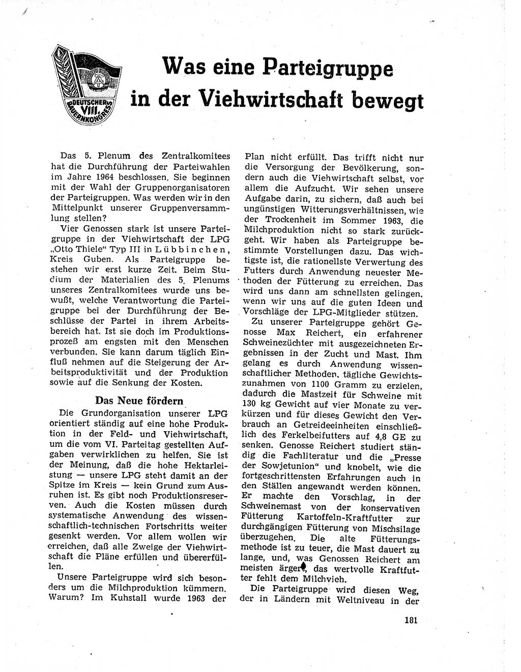 Neuer Weg (NW), Organ des Zentralkomitees (ZK) der SED (Sozialistische Einheitspartei Deutschlands) für Fragen des Parteilebens, 19. Jahrgang [Deutsche Demokratische Republik (DDR)] 1964, Seite 181 (NW ZK SED DDR 1964, S. 181)