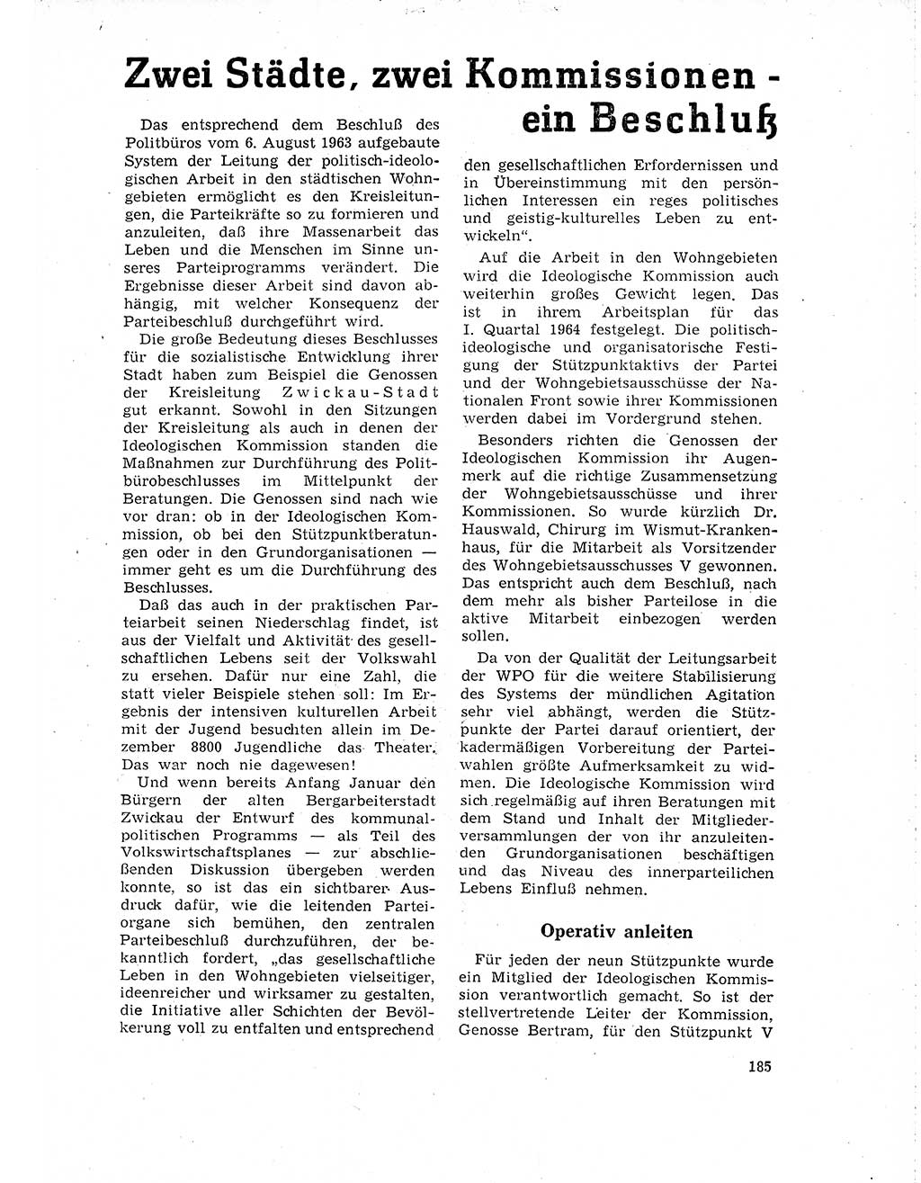 Neuer Weg (NW), Organ des Zentralkomitees (ZK) der SED (Sozialistische Einheitspartei Deutschlands) für Fragen des Parteilebens, 19. Jahrgang [Deutsche Demokratische Republik (DDR)] 1964, Seite 185 (NW ZK SED DDR 1964, S. 185)