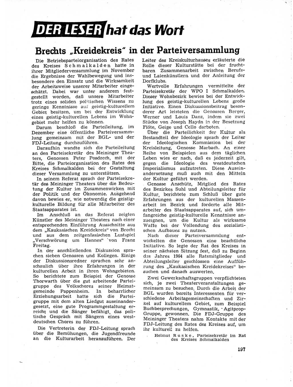 Neuer Weg (NW), Organ des Zentralkomitees (ZK) der SED (Sozialistische Einheitspartei Deutschlands) für Fragen des Parteilebens, 19. Jahrgang [Deutsche Demokratische Republik (DDR)] 1964, Seite 197 (NW ZK SED DDR 1964, S. 197)