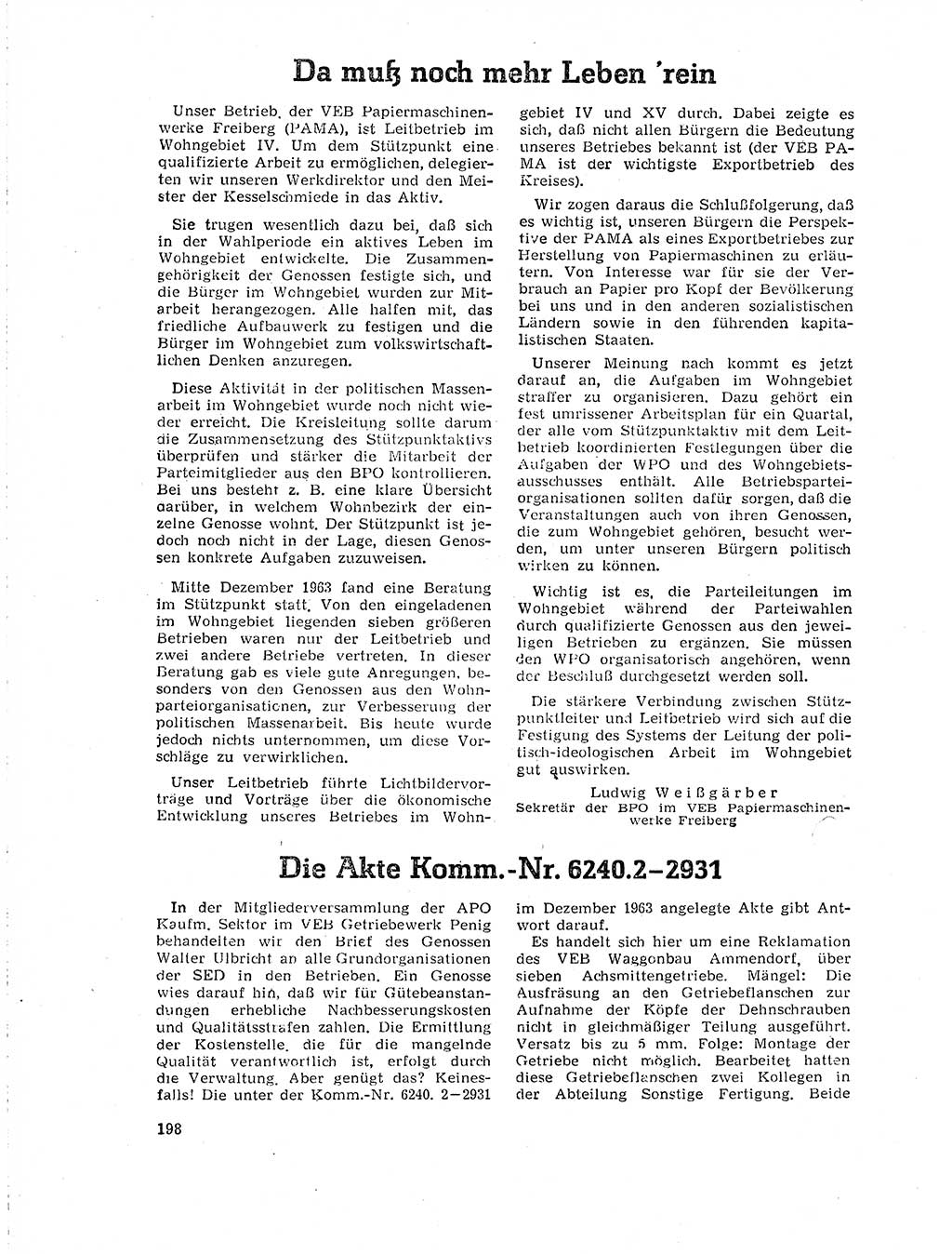 Neuer Weg (NW), Organ des Zentralkomitees (ZK) der SED (Sozialistische Einheitspartei Deutschlands) für Fragen des Parteilebens, 19. Jahrgang [Deutsche Demokratische Republik (DDR)] 1964, Seite 198 (NW ZK SED DDR 1964, S. 198)