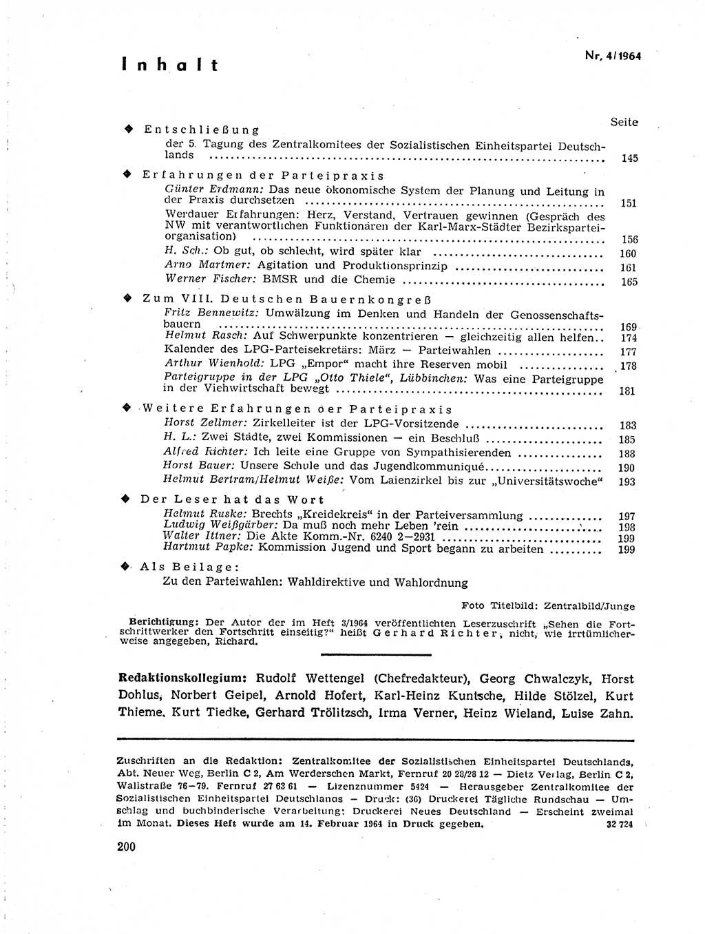 Neuer Weg (NW), Organ des Zentralkomitees (ZK) der SED (Sozialistische Einheitspartei Deutschlands) für Fragen des Parteilebens, 19. Jahrgang [Deutsche Demokratische Republik (DDR)] 1964, Seite 200 (NW ZK SED DDR 1964, S. 200)