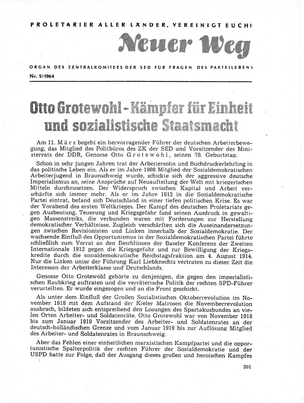 Neuer Weg (NW), Organ des Zentralkomitees (ZK) der SED (Sozialistische Einheitspartei Deutschlands) für Fragen des Parteilebens, 19. Jahrgang [Deutsche Demokratische Republik (DDR)] 1964, Seite 201 (NW ZK SED DDR 1964, S. 201)