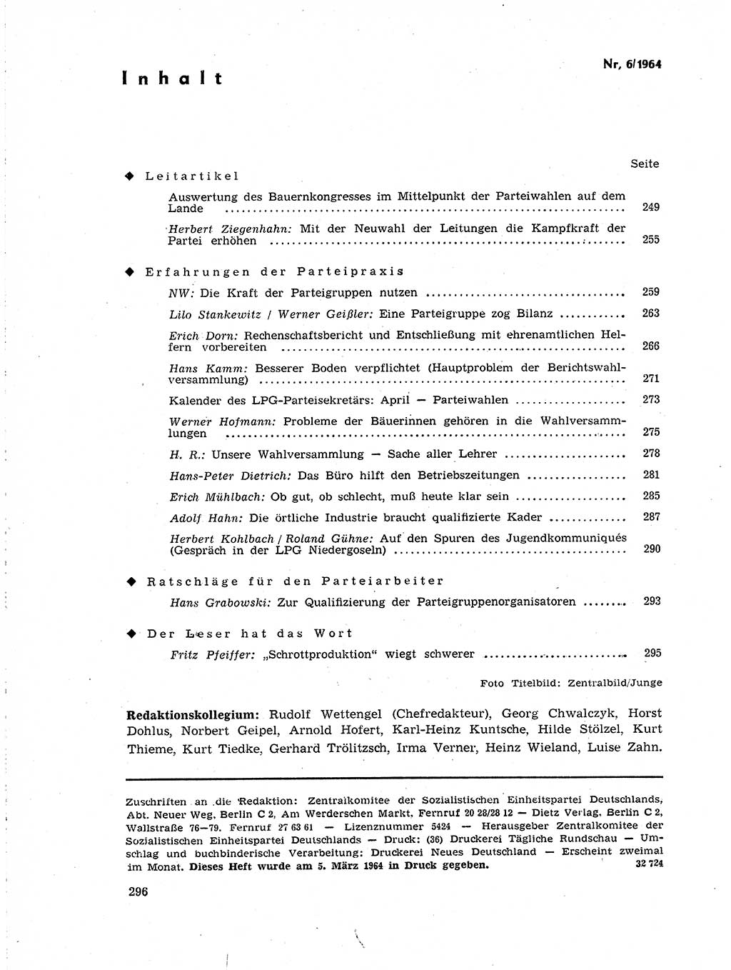 Neuer Weg (NW), Organ des Zentralkomitees (ZK) der SED (Sozialistische Einheitspartei Deutschlands) für Fragen des Parteilebens, 19. Jahrgang [Deutsche Demokratische Republik (DDR)] 1964, Seite 296 (NW ZK SED DDR 1964, S. 296)