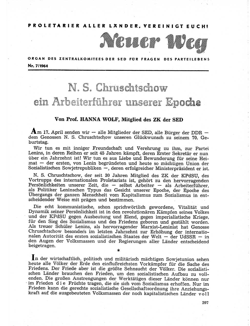 Neuer Weg (NW), Organ des Zentralkomitees (ZK) der SED (Sozialistische Einheitspartei Deutschlands) für Fragen des Parteilebens, 19. Jahrgang [Deutsche Demokratische Republik (DDR)] 1964, Seite 297 (NW ZK SED DDR 1964, S. 297)