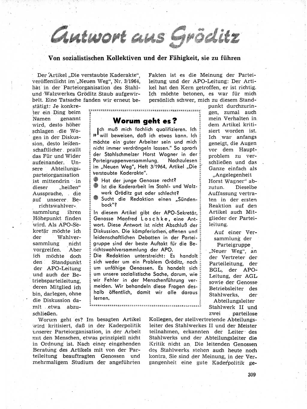 Neuer Weg (NW), Organ des Zentralkomitees (ZK) der SED (Sozialistische Einheitspartei Deutschlands) für Fragen des Parteilebens, 19. Jahrgang [Deutsche Demokratische Republik (DDR)] 1964, Seite 309 (NW ZK SED DDR 1964, S. 309)