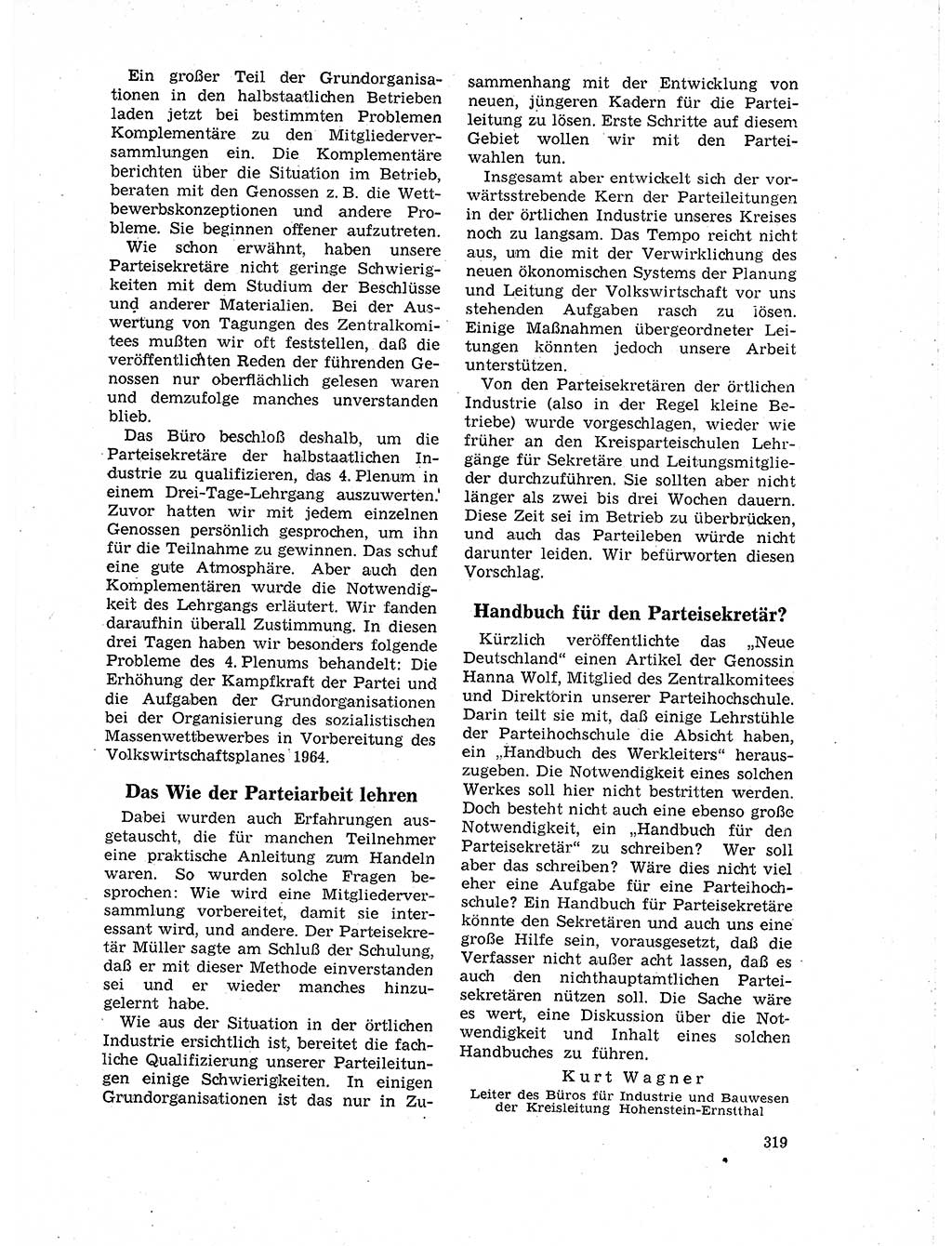 Neuer Weg (NW), Organ des Zentralkomitees (ZK) der SED (Sozialistische Einheitspartei Deutschlands) für Fragen des Parteilebens, 19. Jahrgang [Deutsche Demokratische Republik (DDR)] 1964, Seite 319 (NW ZK SED DDR 1964, S. 319)