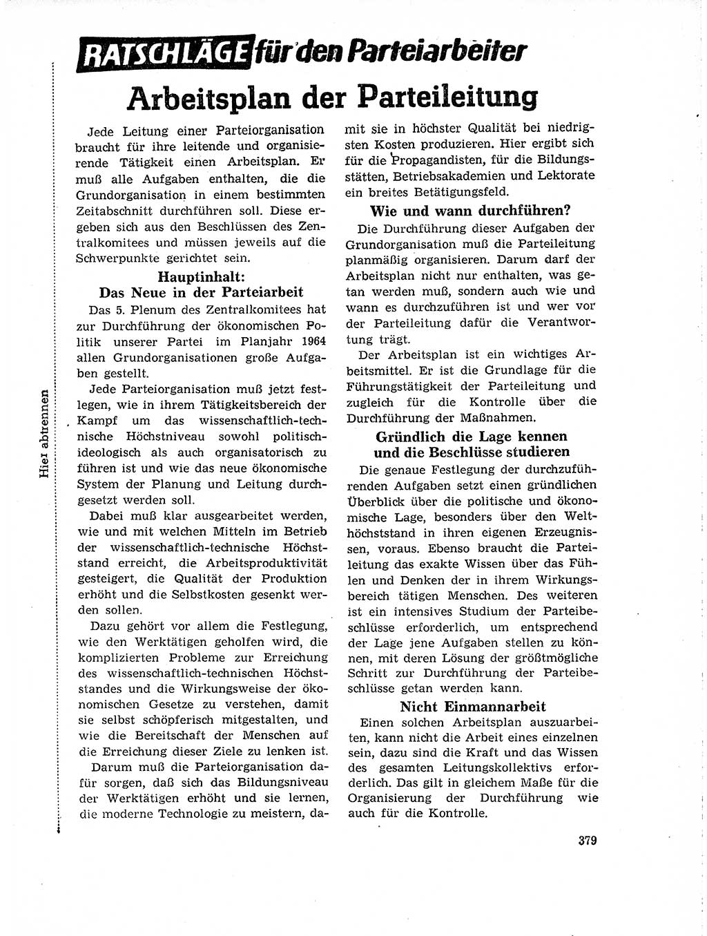 Neuer Weg (NW), Organ des Zentralkomitees (ZK) der SED (Sozialistische Einheitspartei Deutschlands) für Fragen des Parteilebens, 19. Jahrgang [Deutsche Demokratische Republik (DDR)] 1964, Seite 379 (NW ZK SED DDR 1964, S. 379)