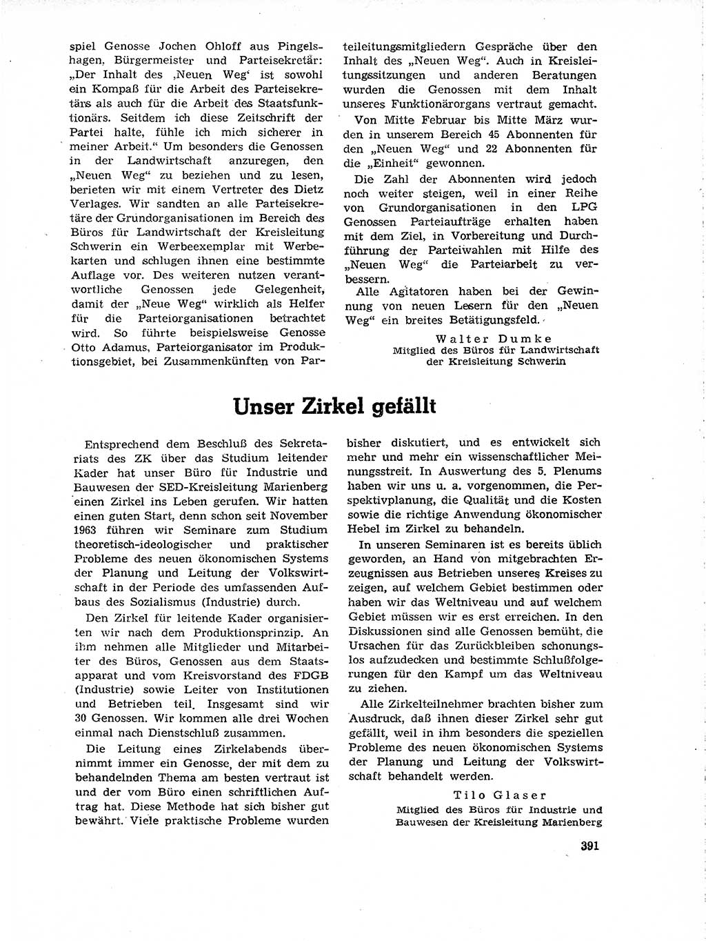 Neuer Weg (NW), Organ des Zentralkomitees (ZK) der SED (Sozialistische Einheitspartei Deutschlands) für Fragen des Parteilebens, 19. Jahrgang [Deutsche Demokratische Republik (DDR)] 1964, Seite 391 (NW ZK SED DDR 1964, S. 391)