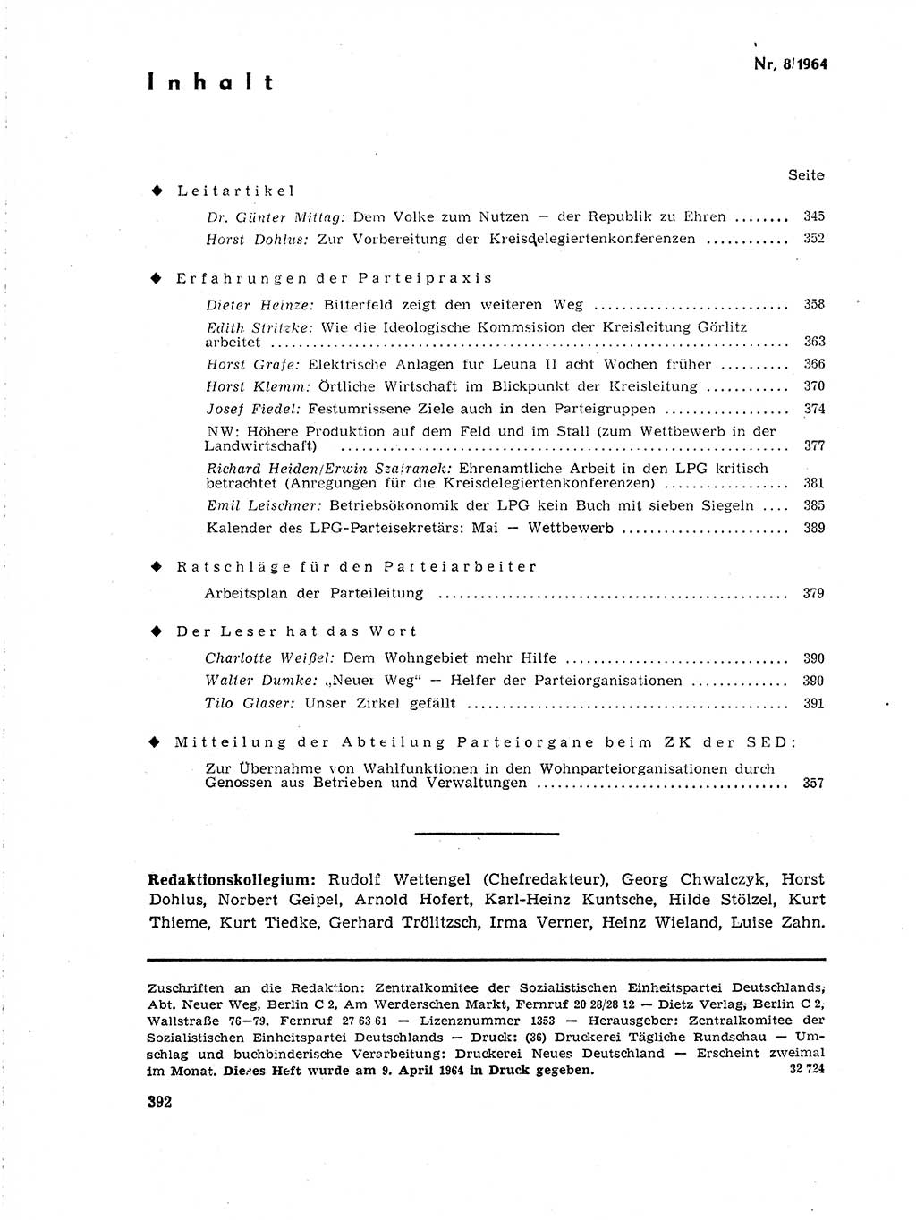 Neuer Weg (NW), Organ des Zentralkomitees (ZK) der SED (Sozialistische Einheitspartei Deutschlands) für Fragen des Parteilebens, 19. Jahrgang [Deutsche Demokratische Republik (DDR)] 1964, Seite 392 (NW ZK SED DDR 1964, S. 392)