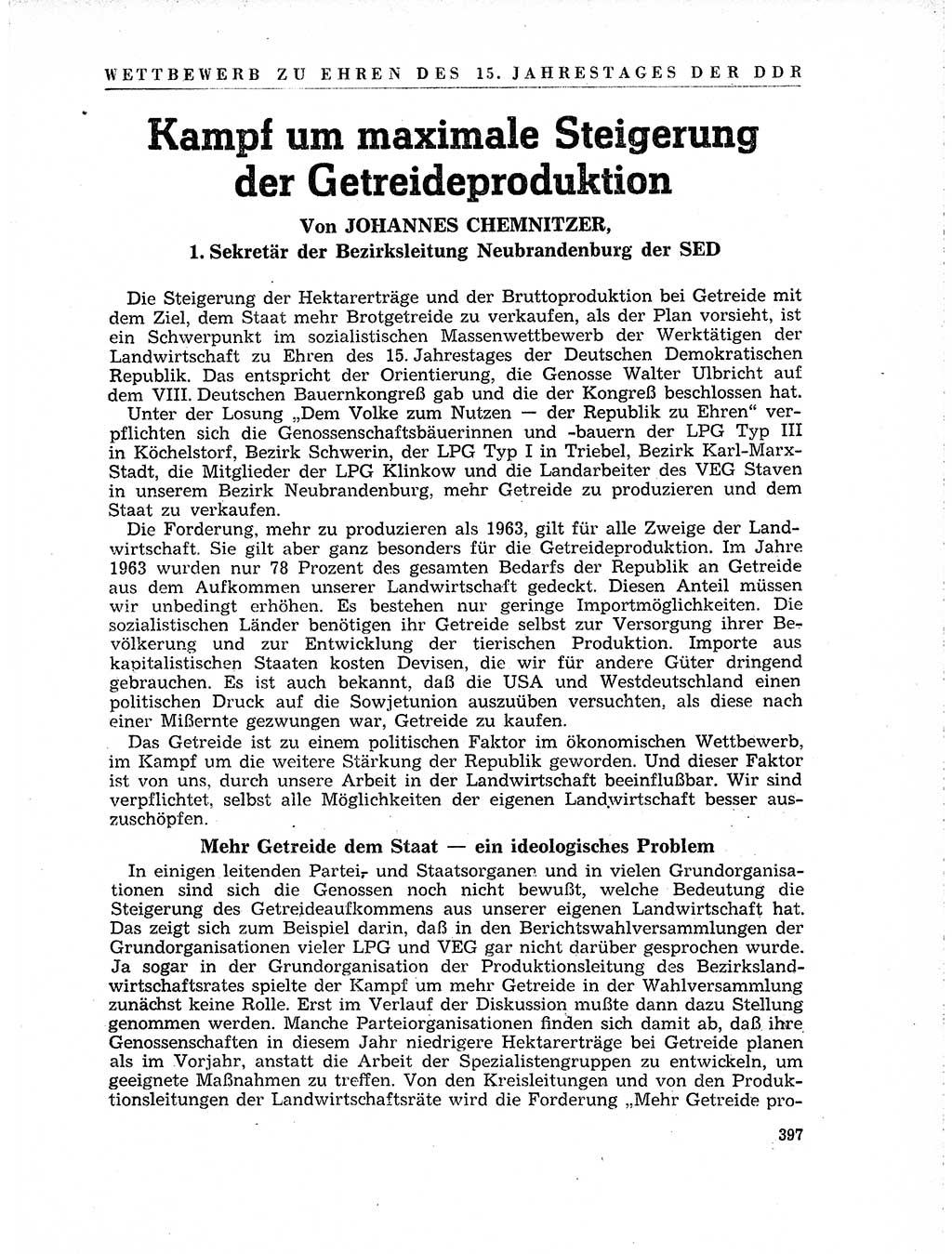 Neuer Weg (NW), Organ des Zentralkomitees (ZK) der SED (Sozialistische Einheitspartei Deutschlands) für Fragen des Parteilebens, 19. Jahrgang [Deutsche Demokratische Republik (DDR)] 1964, Seite 397 (NW ZK SED DDR 1964, S. 397)