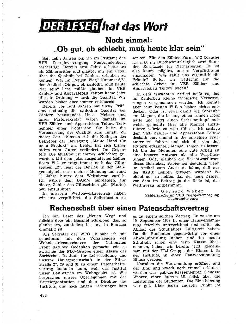 Neuer Weg (NW), Organ des Zentralkomitees (ZK) der SED (Sozialistische Einheitspartei Deutschlands) für Fragen des Parteilebens, 19. Jahrgang [Deutsche Demokratische Republik (DDR)] 1964, Seite 438 (NW ZK SED DDR 1964, S. 438)