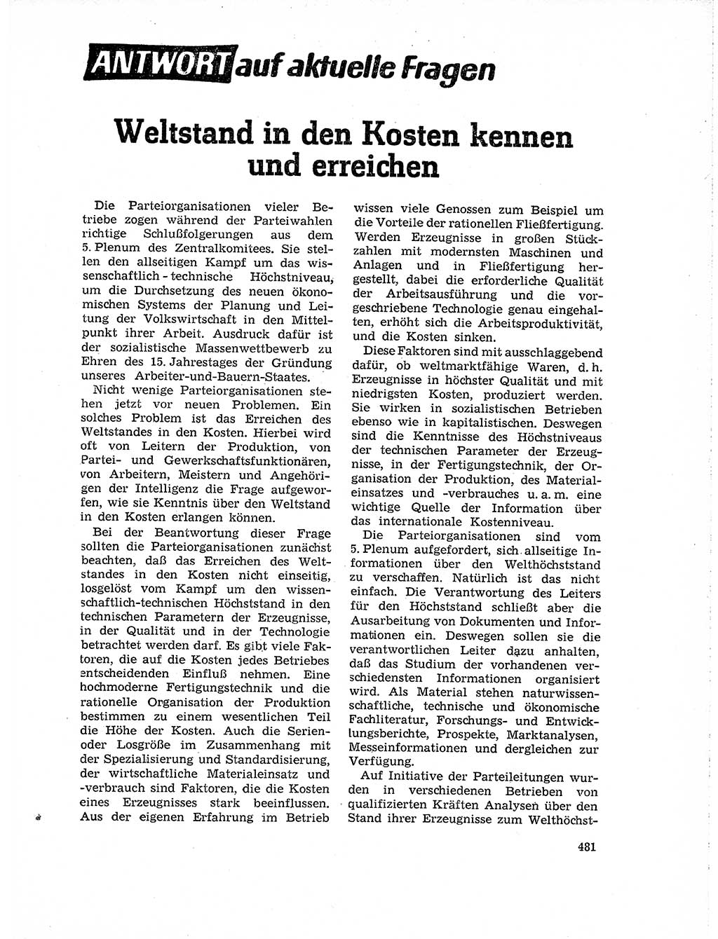 Neuer Weg (NW), Organ des Zentralkomitees (ZK) der SED (Sozialistische Einheitspartei Deutschlands) für Fragen des Parteilebens, 19. Jahrgang [Deutsche Demokratische Republik (DDR)] 1964, Seite 481 (NW ZK SED DDR 1964, S. 481)