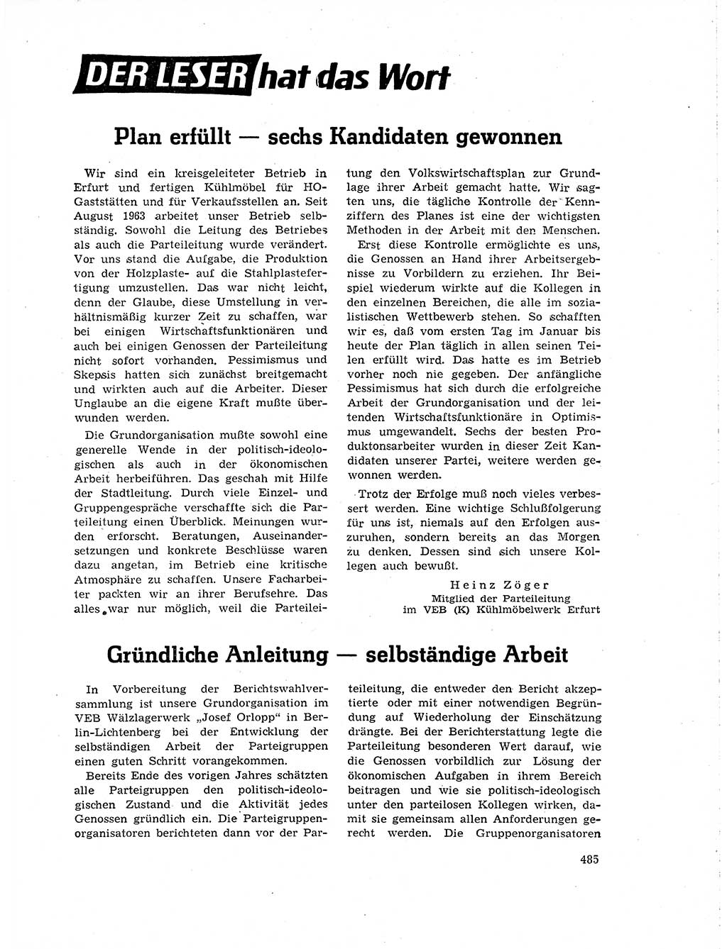 Neuer Weg (NW), Organ des Zentralkomitees (ZK) der SED (Sozialistische Einheitspartei Deutschlands) für Fragen des Parteilebens, 19. Jahrgang [Deutsche Demokratische Republik (DDR)] 1964, Seite 485 (NW ZK SED DDR 1964, S. 485)