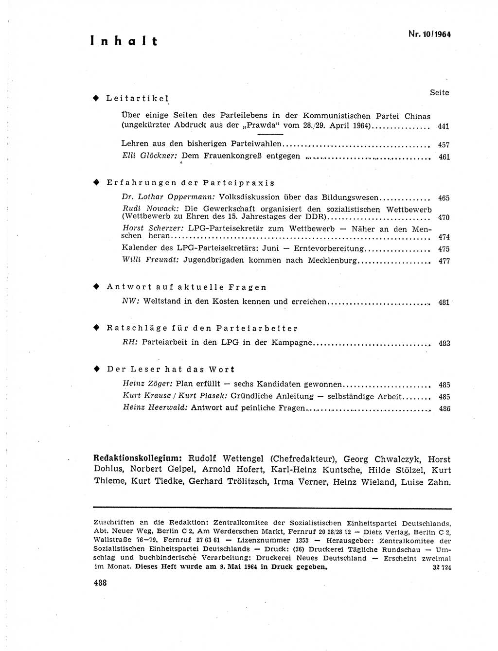 Neuer Weg (NW), Organ des Zentralkomitees (ZK) der SED (Sozialistische Einheitspartei Deutschlands) für Fragen des Parteilebens, 19. Jahrgang [Deutsche Demokratische Republik (DDR)] 1964, Seite 488 (NW ZK SED DDR 1964, S. 488)