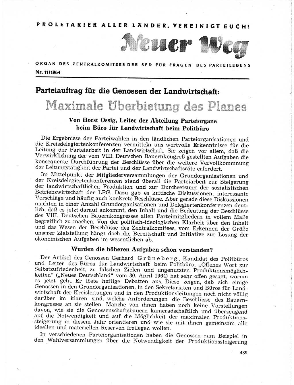 Neuer Weg (NW), Organ des Zentralkomitees (ZK) der SED (Sozialistische Einheitspartei Deutschlands) für Fragen des Parteilebens, 19. Jahrgang [Deutsche Demokratische Republik (DDR)] 1964, Seite 489 (NW ZK SED DDR 1964, S. 489)