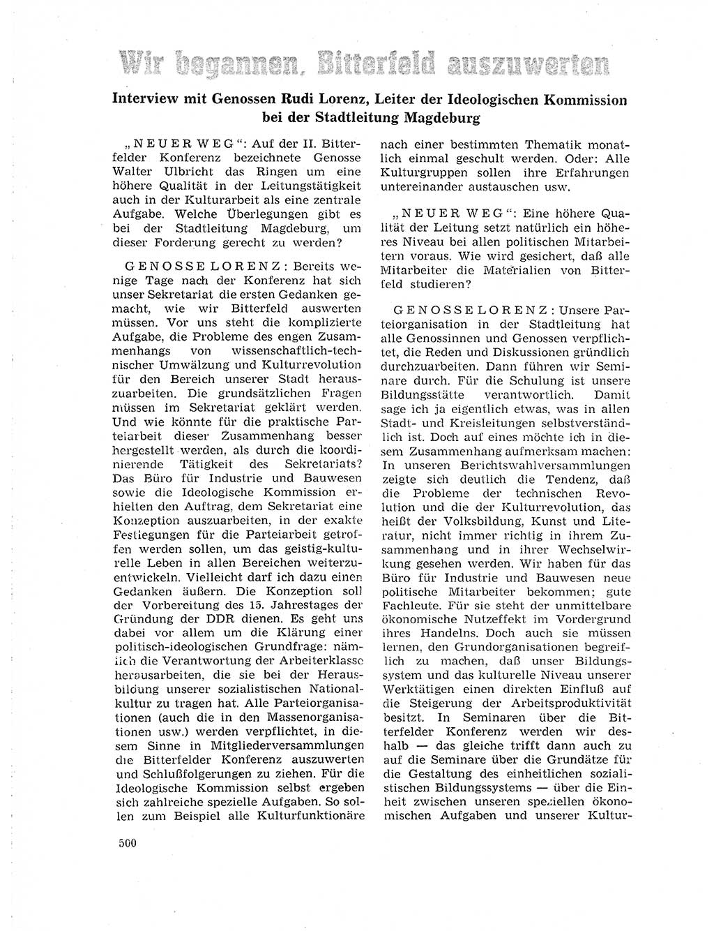 Neuer Weg (NW), Organ des Zentralkomitees (ZK) der SED (Sozialistische Einheitspartei Deutschlands) für Fragen des Parteilebens, 19. Jahrgang [Deutsche Demokratische Republik (DDR)] 1964, Seite 500 (NW ZK SED DDR 1964, S. 500)