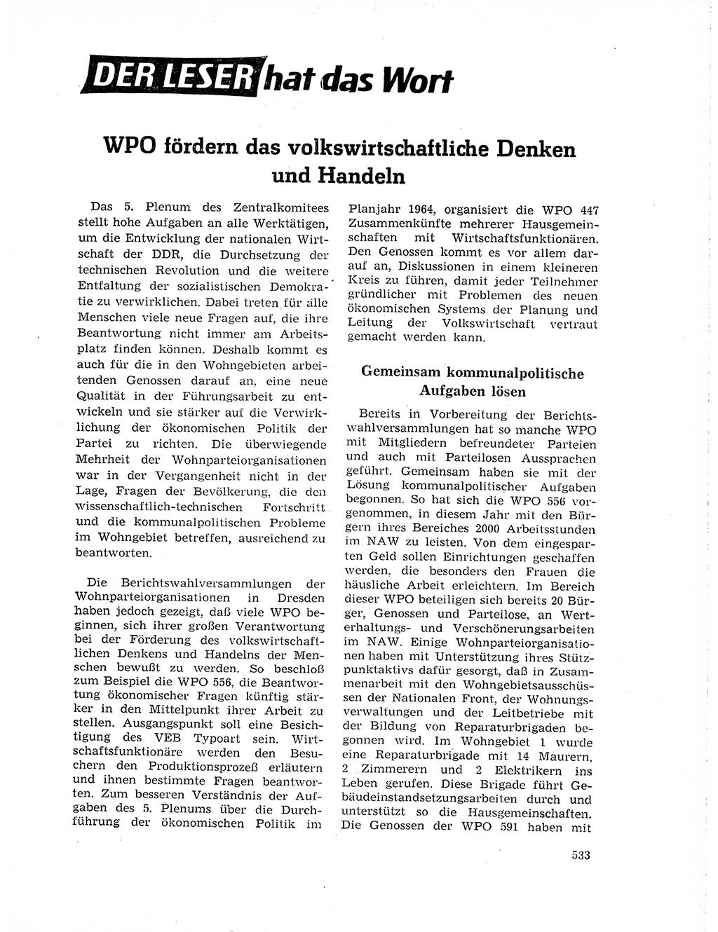 Neuer Weg (NW), Organ des Zentralkomitees (ZK) der SED (Sozialistische Einheitspartei Deutschlands) für Fragen des Parteilebens, 19. Jahrgang [Deutsche Demokratische Republik (DDR)] 1964, Seite 533 (NW ZK SED DDR 1964, S. 533)