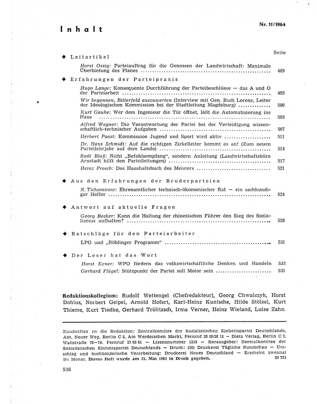 Neuer Weg (NW), Organ des Zentralkomitees (ZK) der SED (Sozialistische Einheitspartei Deutschlands) für Fragen des Parteilebens, 19. Jahrgang [Deutsche Demokratische Republik (DDR)] 1964, Seite 536 (NW ZK SED DDR 1964, S. 536)
