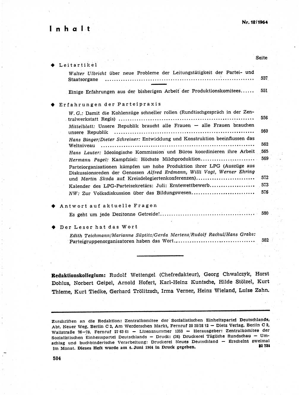 Neuer Weg (NW), Organ des Zentralkomitees (ZK) der SED (Sozialistische Einheitspartei Deutschlands) für Fragen des Parteilebens, 19. Jahrgang [Deutsche Demokratische Republik (DDR)] 1964, Seite 584 (NW ZK SED DDR 1964, S. 584)