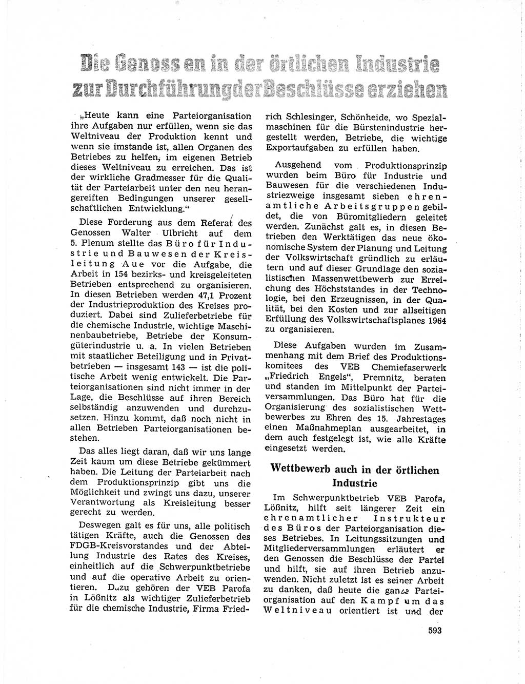 Neuer Weg (NW), Organ des Zentralkomitees (ZK) der SED (Sozialistische Einheitspartei Deutschlands) für Fragen des Parteilebens, 19. Jahrgang [Deutsche Demokratische Republik (DDR)] 1964, Seite 593 (NW ZK SED DDR 1964, S. 593)
