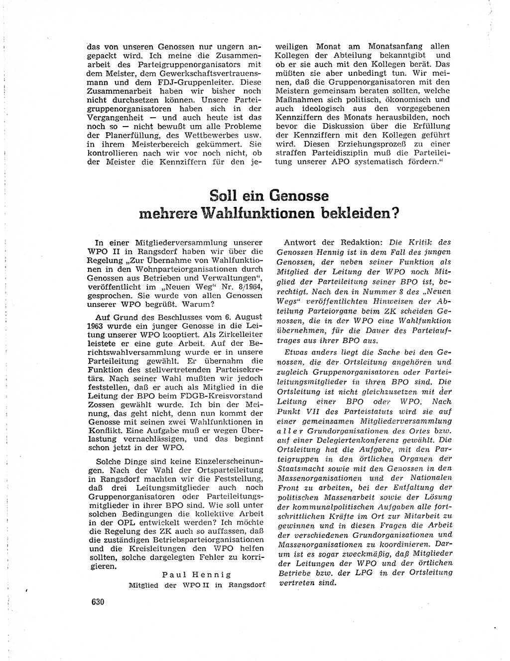 Neuer Weg (NW), Organ des Zentralkomitees (ZK) der SED (Sozialistische Einheitspartei Deutschlands) für Fragen des Parteilebens, 19. Jahrgang [Deutsche Demokratische Republik (DDR)] 1964, Seite 630 (NW ZK SED DDR 1964, S. 630)