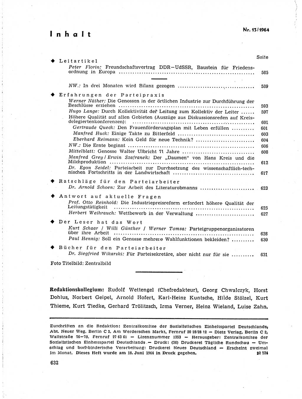 Neuer Weg (NW), Organ des Zentralkomitees (ZK) der SED (Sozialistische Einheitspartei Deutschlands) für Fragen des Parteilebens, 19. Jahrgang [Deutsche Demokratische Republik (DDR)] 1964, Seite 632 (NW ZK SED DDR 1964, S. 632)