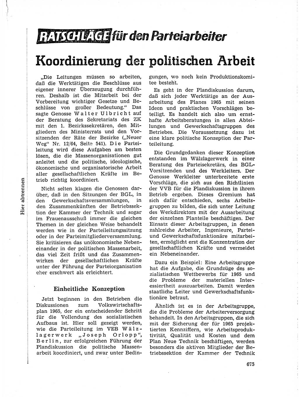 Neuer Weg (NW), Organ des Zentralkomitees (ZK) der SED (Sozialistische Einheitspartei Deutschlands) für Fragen des Parteilebens, 19. Jahrgang [Deutsche Demokratische Republik (DDR)] 1964, Seite 675 (NW ZK SED DDR 1964, S. 675)
