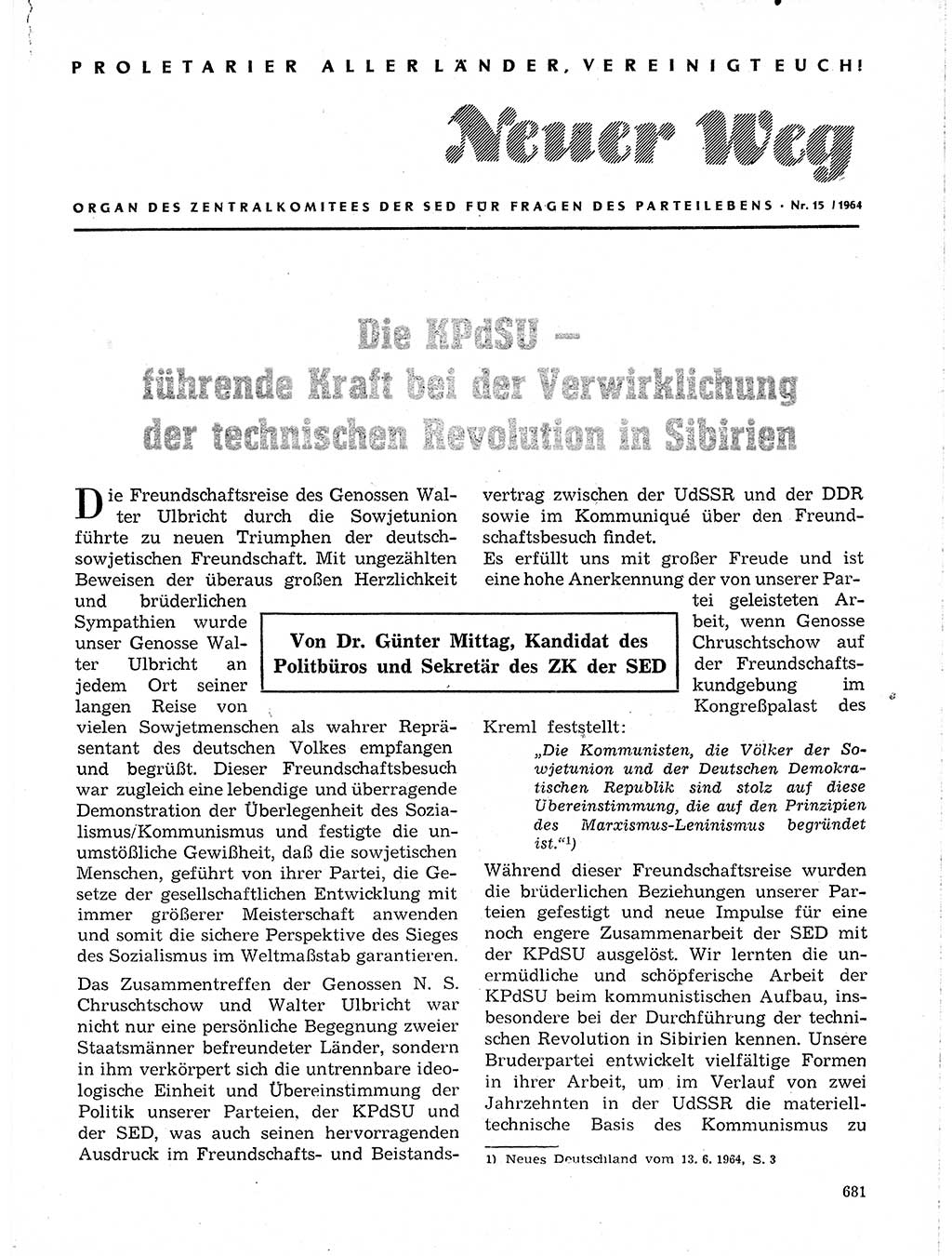 Neuer Weg (NW), Organ des Zentralkomitees (ZK) der SED (Sozialistische Einheitspartei Deutschlands) für Fragen des Parteilebens, 19. Jahrgang [Deutsche Demokratische Republik (DDR)] 1964, Seite 681 (NW ZK SED DDR 1964, S. 681)