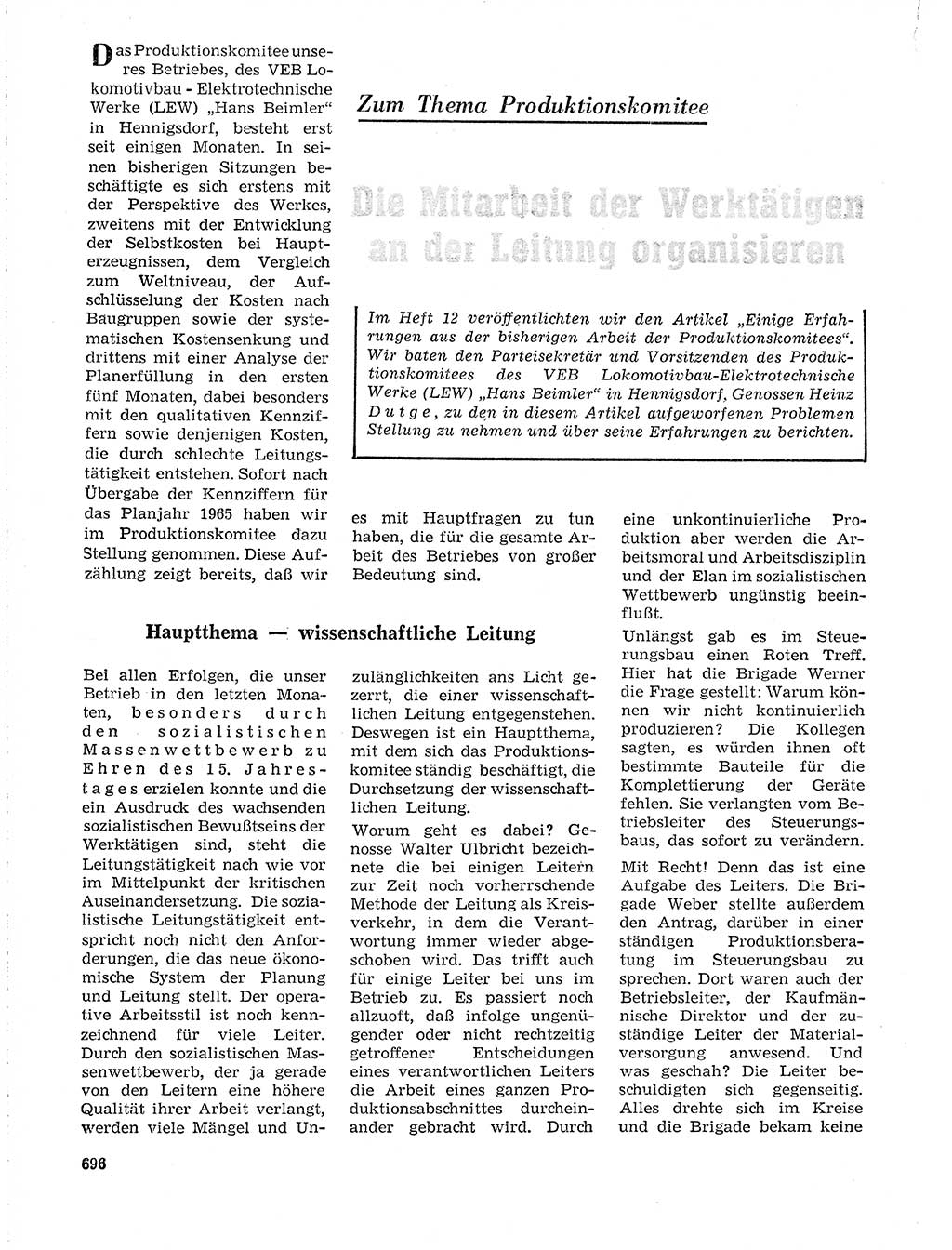 Neuer Weg (NW), Organ des Zentralkomitees (ZK) der SED (Sozialistische Einheitspartei Deutschlands) für Fragen des Parteilebens, 19. Jahrgang [Deutsche Demokratische Republik (DDR)] 1964, Seite 696 (NW ZK SED DDR 1964, S. 696)