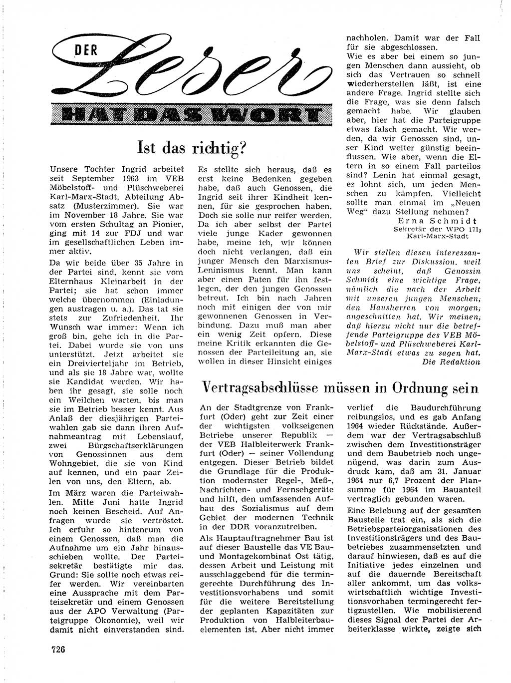 Neuer Weg (NW), Organ des Zentralkomitees (ZK) der SED (Sozialistische Einheitspartei Deutschlands) für Fragen des Parteilebens, 19. Jahrgang [Deutsche Demokratische Republik (DDR)] 1964, Seite 726 (NW ZK SED DDR 1964, S. 726)