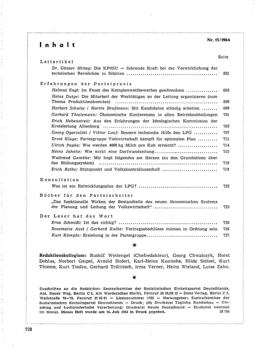 Neuer Weg (NW), Organ des Zentralkomitees (ZK) der SED (Sozialistische Einheitspartei Deutschlands) für Fragen des Parteilebens, 19. Jahrgang [Deutsche Demokratische Republik (DDR)] 1964, Seite 728 (NW ZK SED DDR 1964, S. 728)