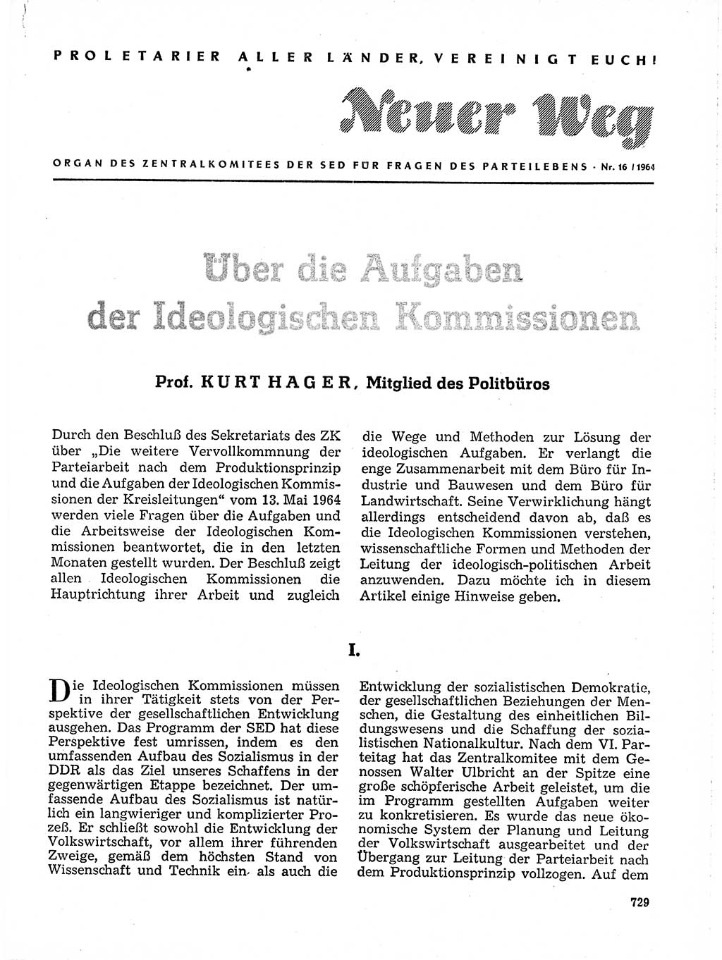 Neuer Weg (NW), Organ des Zentralkomitees (ZK) der SED (Sozialistische Einheitspartei Deutschlands) für Fragen des Parteilebens, 19. Jahrgang [Deutsche Demokratische Republik (DDR)] 1964, Seite 729 (NW ZK SED DDR 1964, S. 729)