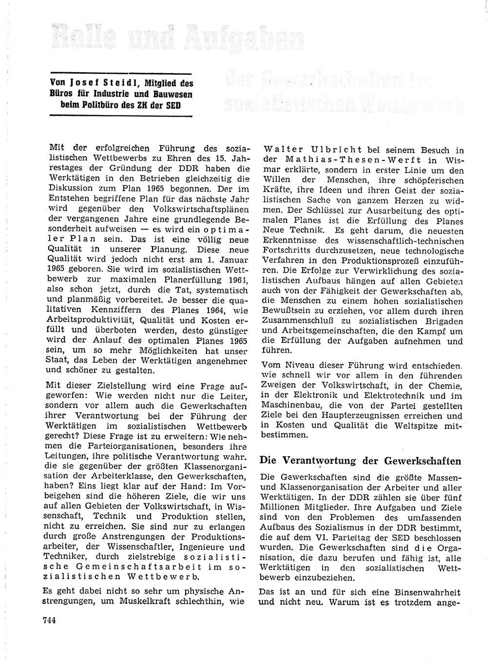 Neuer Weg (NW), Organ des Zentralkomitees (ZK) der SED (Sozialistische Einheitspartei Deutschlands) für Fragen des Parteilebens, 19. Jahrgang [Deutsche Demokratische Republik (DDR)] 1964, Seite 744 (NW ZK SED DDR 1964, S. 744)