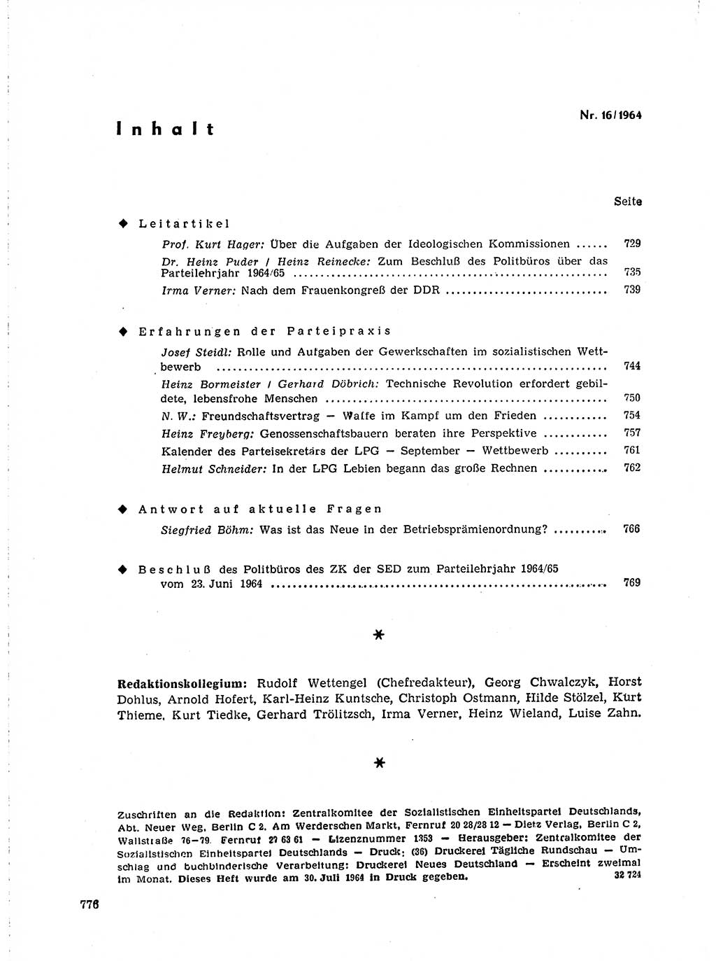 Neuer Weg (NW), Organ des Zentralkomitees (ZK) der SED (Sozialistische Einheitspartei Deutschlands) für Fragen des Parteilebens, 19. Jahrgang [Deutsche Demokratische Republik (DDR)] 1964, Seite 776 (NW ZK SED DDR 1964, S. 776)