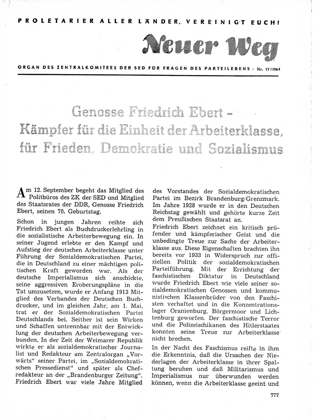 Neuer Weg (NW), Organ des Zentralkomitees (ZK) der SED (Sozialistische Einheitspartei Deutschlands) für Fragen des Parteilebens, 19. Jahrgang [Deutsche Demokratische Republik (DDR)] 1964, Seite 777 (NW ZK SED DDR 1964, S. 777)