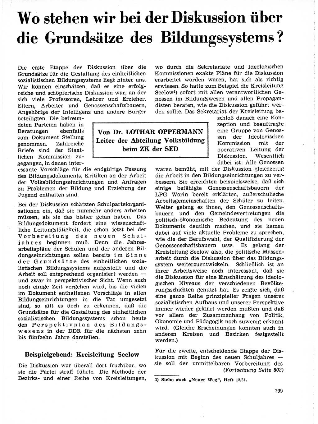 Neuer Weg (NW), Organ des Zentralkomitees (ZK) der SED (Sozialistische Einheitspartei Deutschlands) für Fragen des Parteilebens, 19. Jahrgang [Deutsche Demokratische Republik (DDR)] 1964, Seite 799 (NW ZK SED DDR 1964, S. 799)
