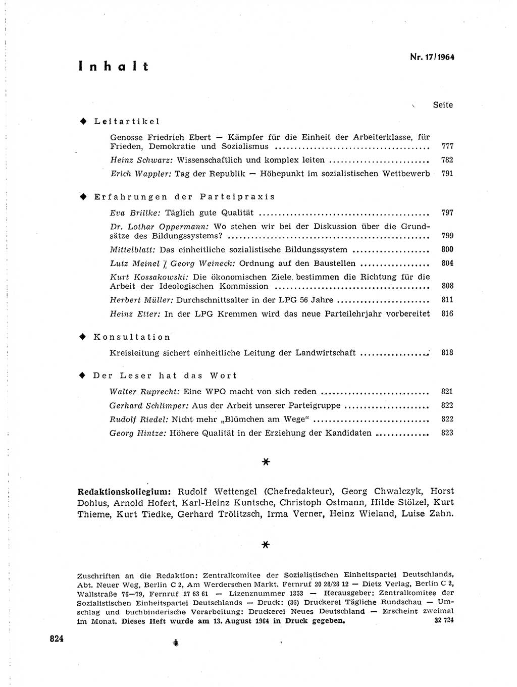Neuer Weg (NW), Organ des Zentralkomitees (ZK) der SED (Sozialistische Einheitspartei Deutschlands) für Fragen des Parteilebens, 19. Jahrgang [Deutsche Demokratische Republik (DDR)] 1964, Seite 824 (NW ZK SED DDR 1964, S. 824)