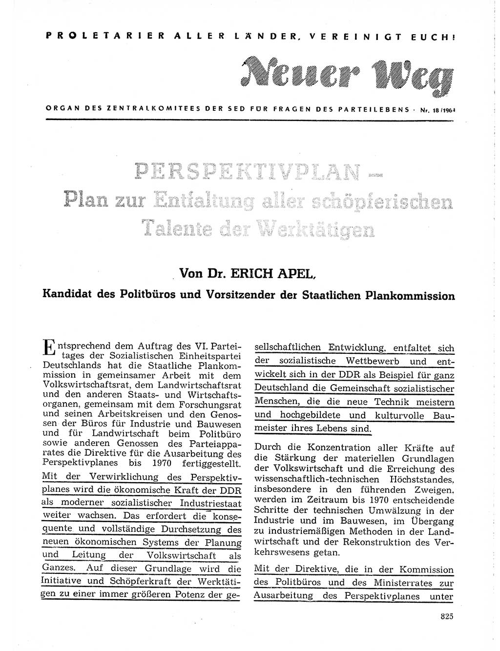 Neuer Weg (NW), Organ des Zentralkomitees (ZK) der SED (Sozialistische Einheitspartei Deutschlands) für Fragen des Parteilebens, 19. Jahrgang [Deutsche Demokratische Republik (DDR)] 1964, Seite 825 (NW ZK SED DDR 1964, S. 825)