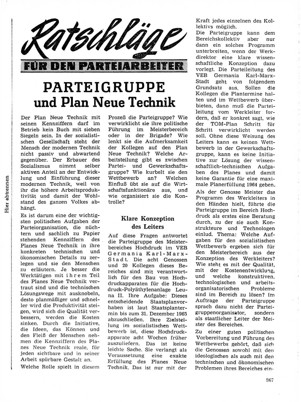 Neuer Weg (NW), Organ des Zentralkomitees (ZK) der SED (Sozialistische Einheitspartei Deutschlands) für Fragen des Parteilebens, 19. Jahrgang [Deutsche Demokratische Republik (DDR)] 1964, Seite 867 (NW ZK SED DDR 1964, S. 867)