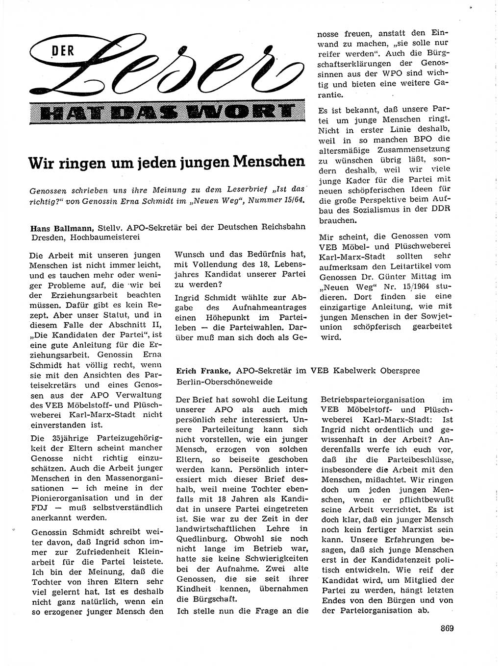 Neuer Weg (NW), Organ des Zentralkomitees (ZK) der SED (Sozialistische Einheitspartei Deutschlands) für Fragen des Parteilebens, 19. Jahrgang [Deutsche Demokratische Republik (DDR)] 1964, Seite 869 (NW ZK SED DDR 1964, S. 869)