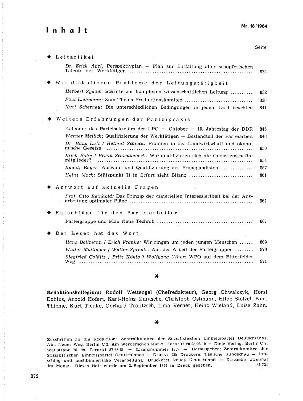 Neuer Weg (NW), Organ des Zentralkomitees (ZK) der SED (Sozialistische Einheitspartei Deutschlands) für Fragen des Parteilebens, 19. Jahrgang [Deutsche Demokratische Republik (DDR)] 1964, Seite 872 (NW ZK SED DDR 1964, S. 872)