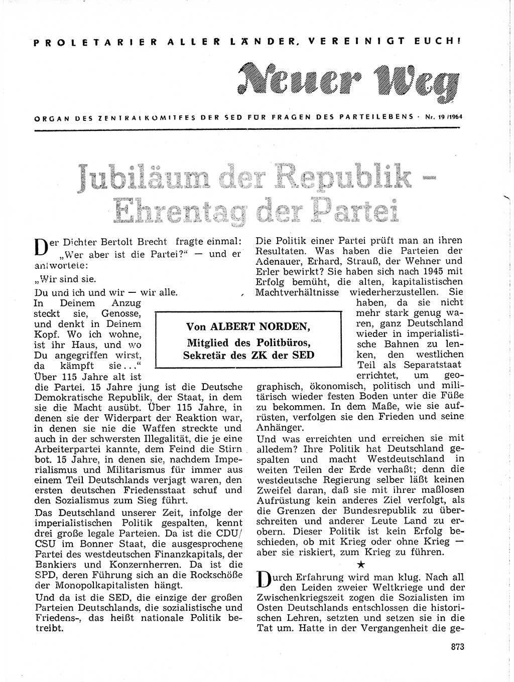 Neuer Weg (NW), Organ des Zentralkomitees (ZK) der SED (Sozialistische Einheitspartei Deutschlands) für Fragen des Parteilebens, 19. Jahrgang [Deutsche Demokratische Republik (DDR)] 1964, Seite 873 (NW ZK SED DDR 1964, S. 873)