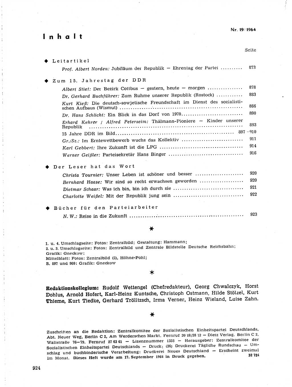 Neuer Weg (NW), Organ des Zentralkomitees (ZK) der SED (Sozialistische Einheitspartei Deutschlands) für Fragen des Parteilebens, 19. Jahrgang [Deutsche Demokratische Republik (DDR)] 1964, Seite 924 (NW ZK SED DDR 1964, S. 924)